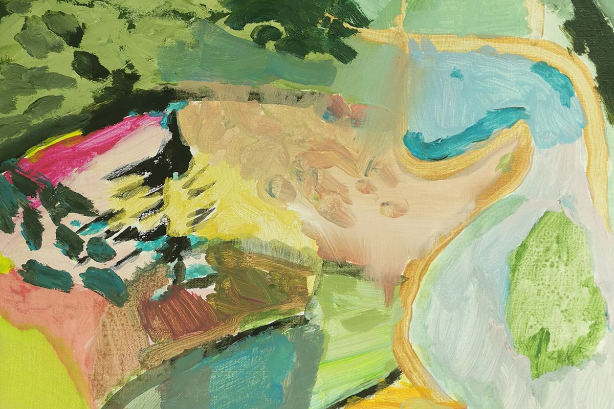 Abstraktes Gemälde mit organischen Formen und Pinselstrichen in Grün-, Blau-, Gelb- und Rosatönen von Jenny Martin