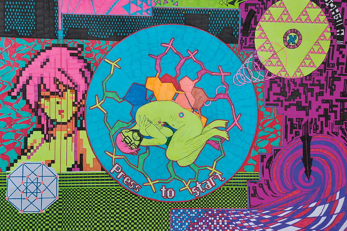 Buntes Kunstwerk von Oliver Schwarz mit einer grünen, gefalteten menschlichen Figur in einem blauen Kreis, umgeben von geometrischen Mustern und dem Text 'Press to start'
