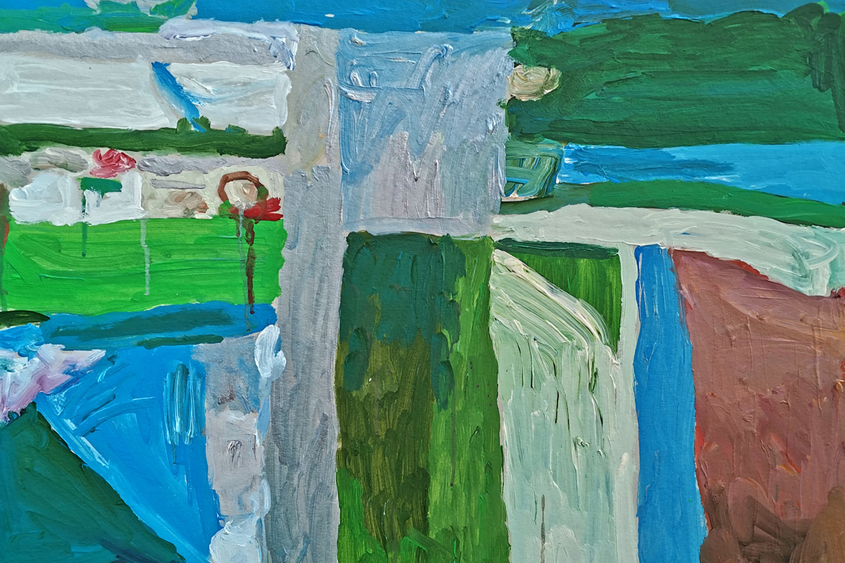 Abstraktes Gemälde von Ralf Urich mit dominierenden Flächen in Grün-, Blau- und Weißtönen, die geometrische Formen und Strukturen andeuten von Ralf Urich