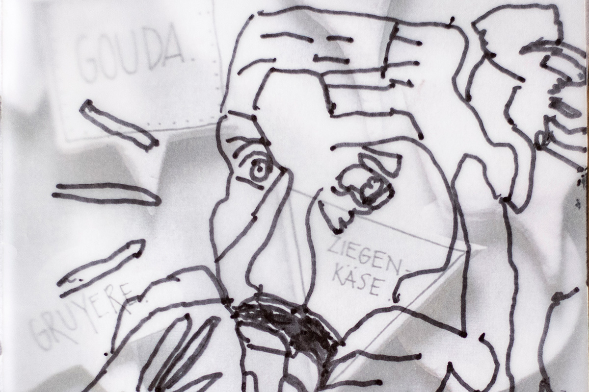 Das Kunstwerk von Thomas Martin zeigt eine Schwarz-weiße Linienzeichnung eines Gesichts mit Bart und Hand vor dem Mund, umgeben von den Worten 'GOUDA', 'GRUYERE' und 'ZIEGEN KÄSE'