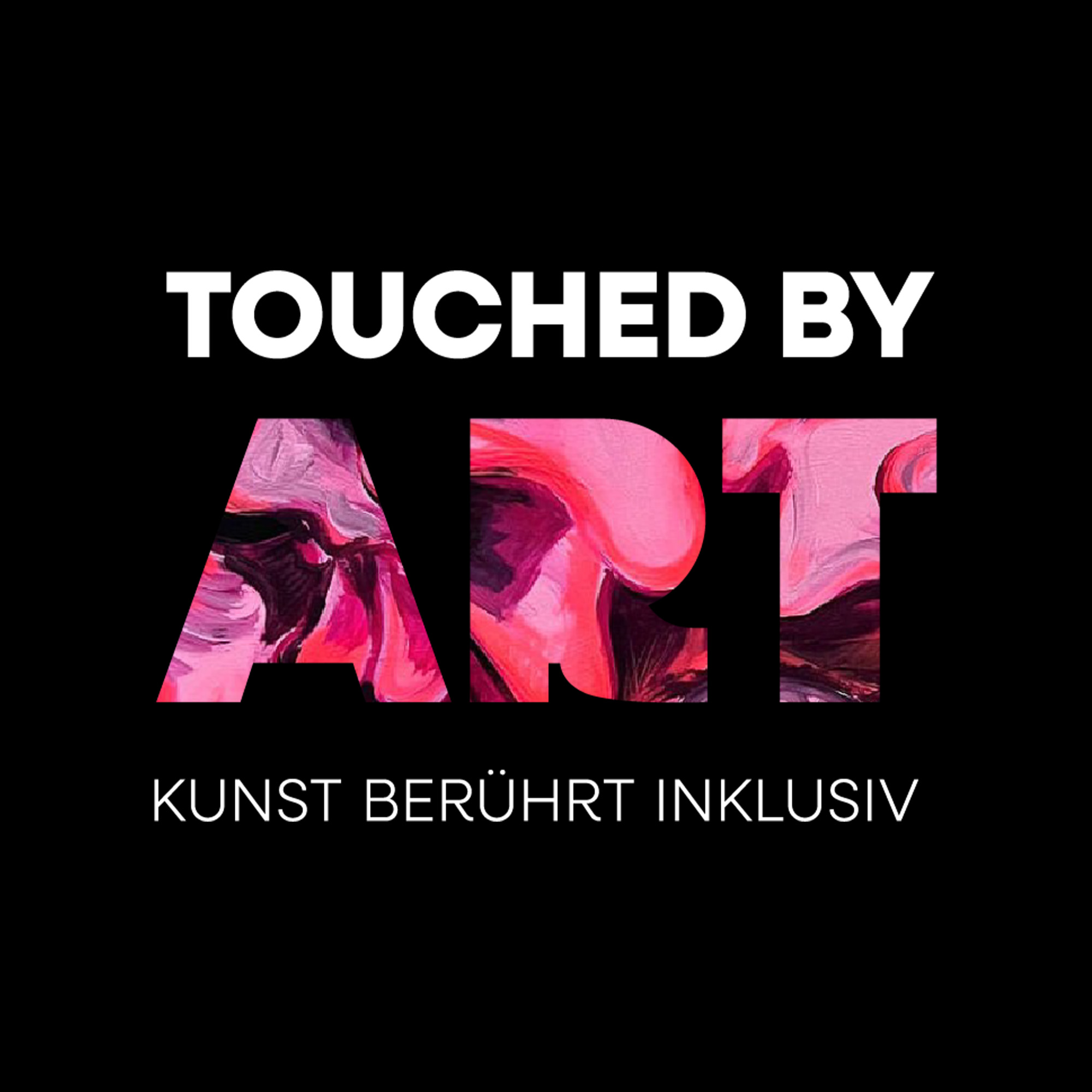 Dekoratives Bild. Es zeigt das Touched by Art Logo wobei das Art mit einem bunten Gemälde gefüllt ist.